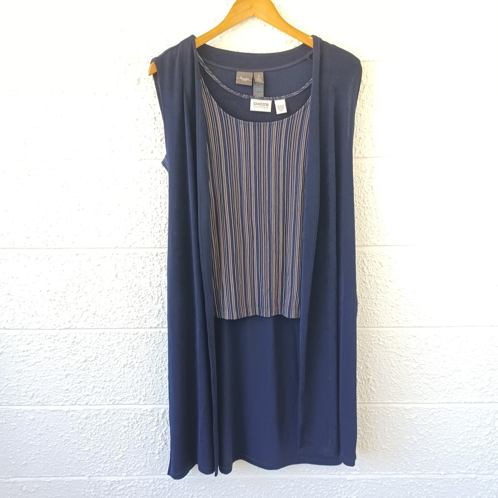Chicos Travelers 2 Piece Set Womens 3 XL Navy Blue Long Vest Striped Tank Top